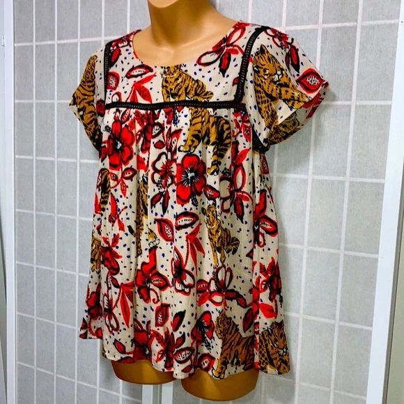 Coreylynncalter ANTHROPOLOGIE Tiger &Tropical Floral Print Summer Tunic Top XS - Picture 3 of 10